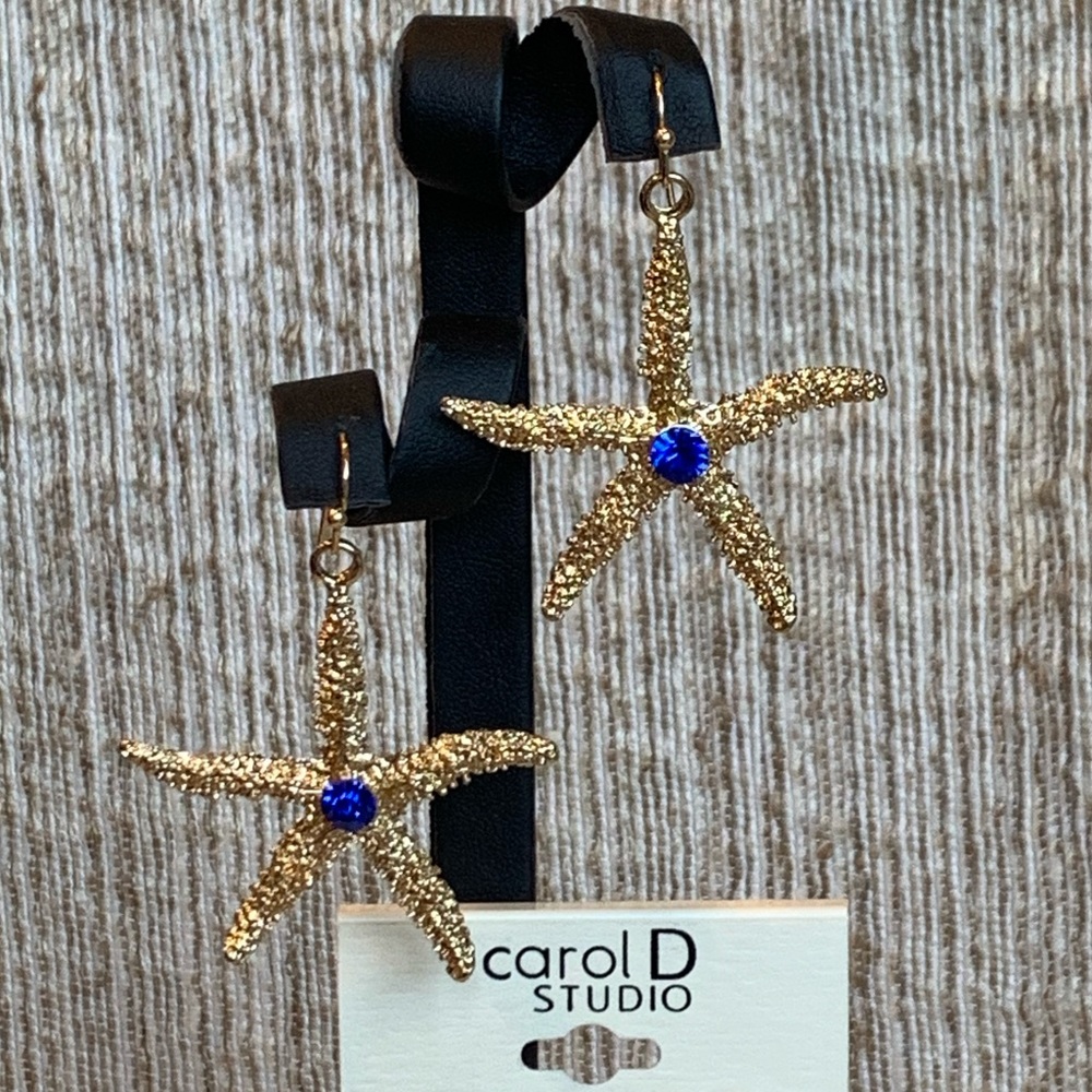 Carole D Studio Blue Rhinestone & Gold Studded STARFISH Dangle Hook Earrings